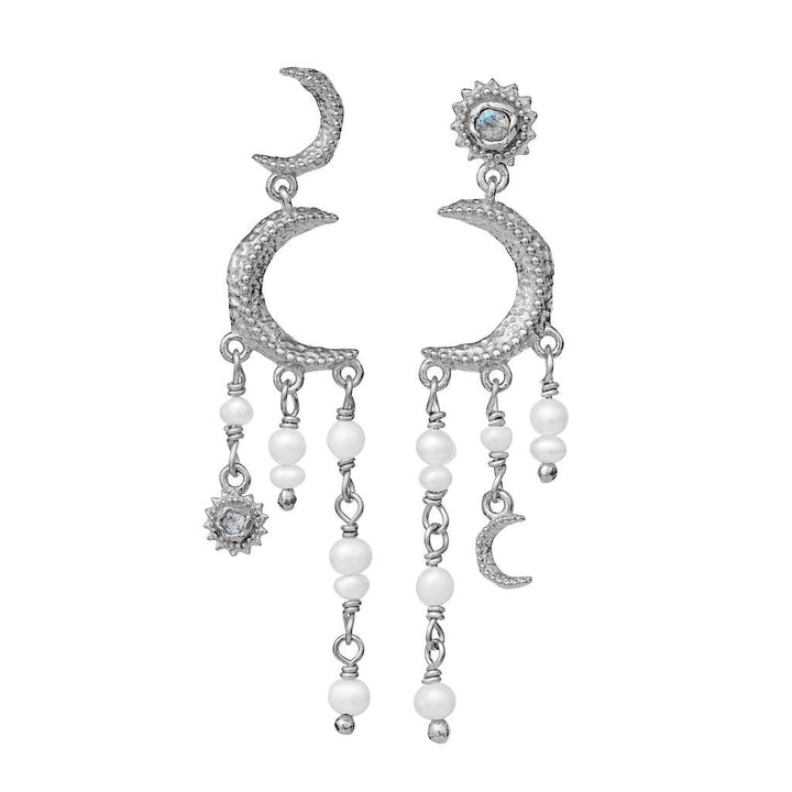 Maanesten Astrea Earrings in silver with half moon and white pearl details, Model 9718c-9718c-1.
