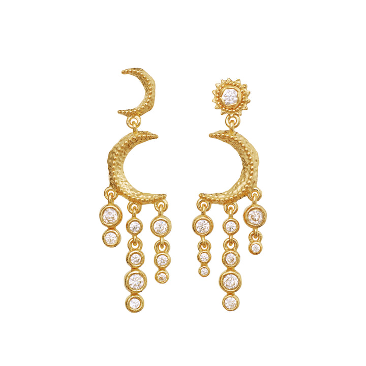 Moonstone Astrea Twinkle gold-plated earrings with moon and stars, detailed and decorated with clear stones. Model 10166a-1