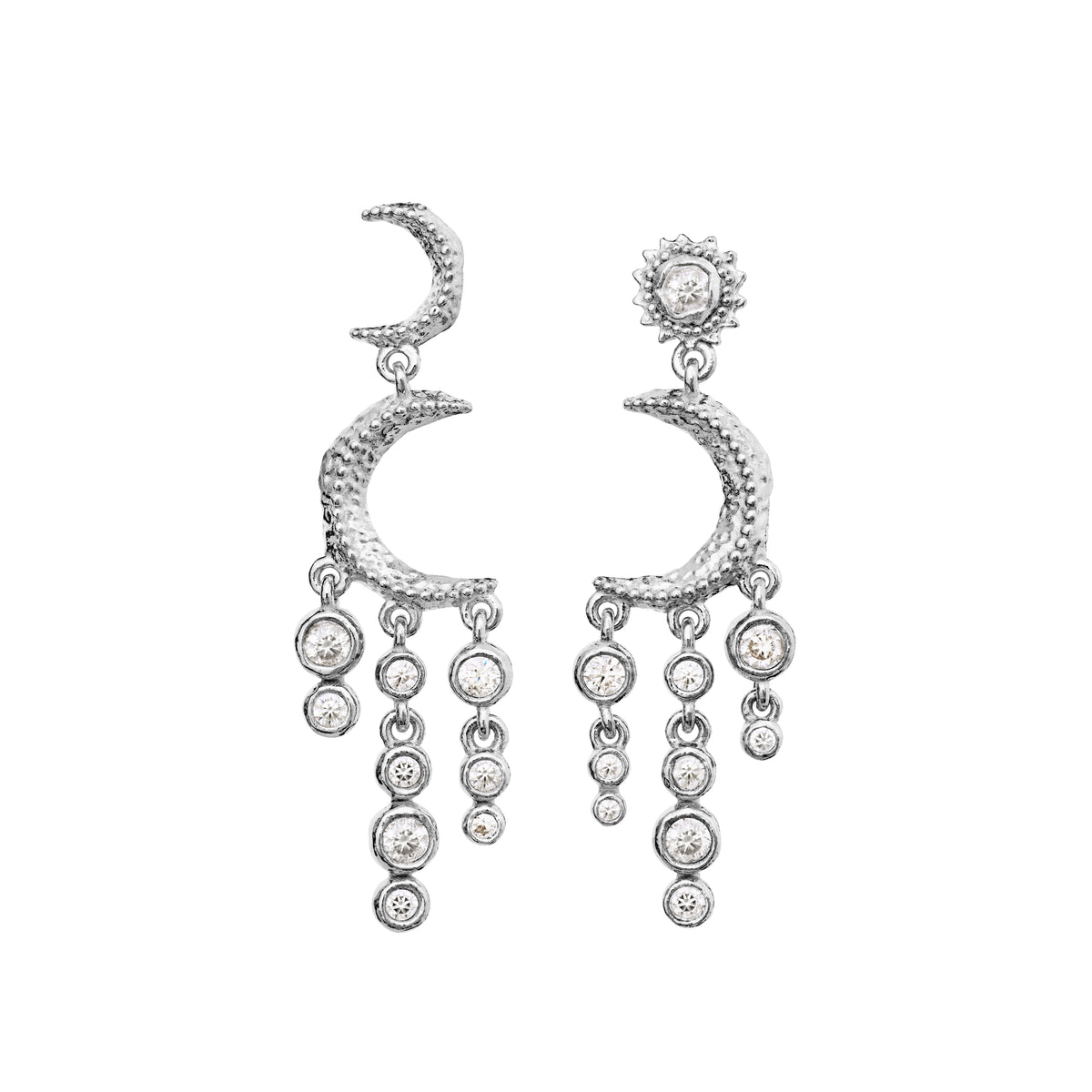 Maanesten Astrea Twinkle silver earrings with moon shape and sparkling pendant, Model 10166c-1.