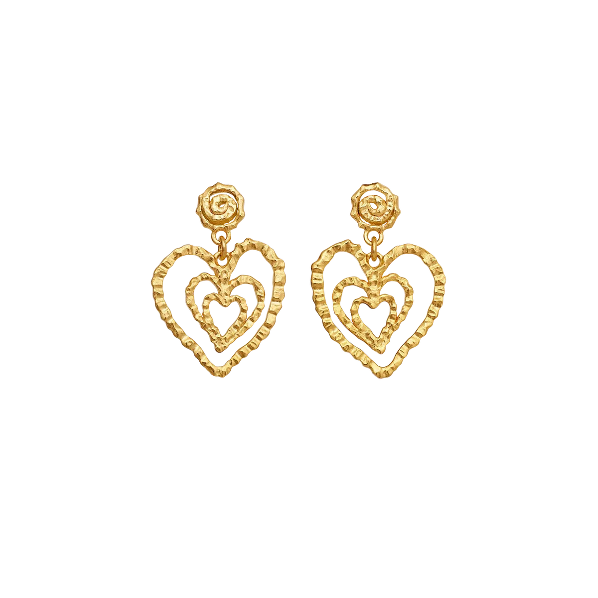 Maanesten Beate Petite gold-plated heart earrings with detailed, romantic design on a black background. Model 10088a-1.