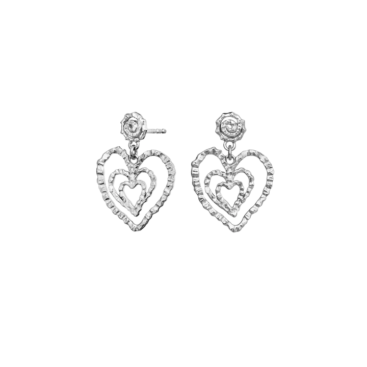 maanesten-beate-petite-solve-heart earrings shown in polished silver finish with double heart pendants. Model 10088c-2