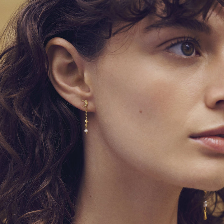 Moonstone Beatrice gold-plated earrings shown on the ear, with elegant female profile. Model 10030a-2.
