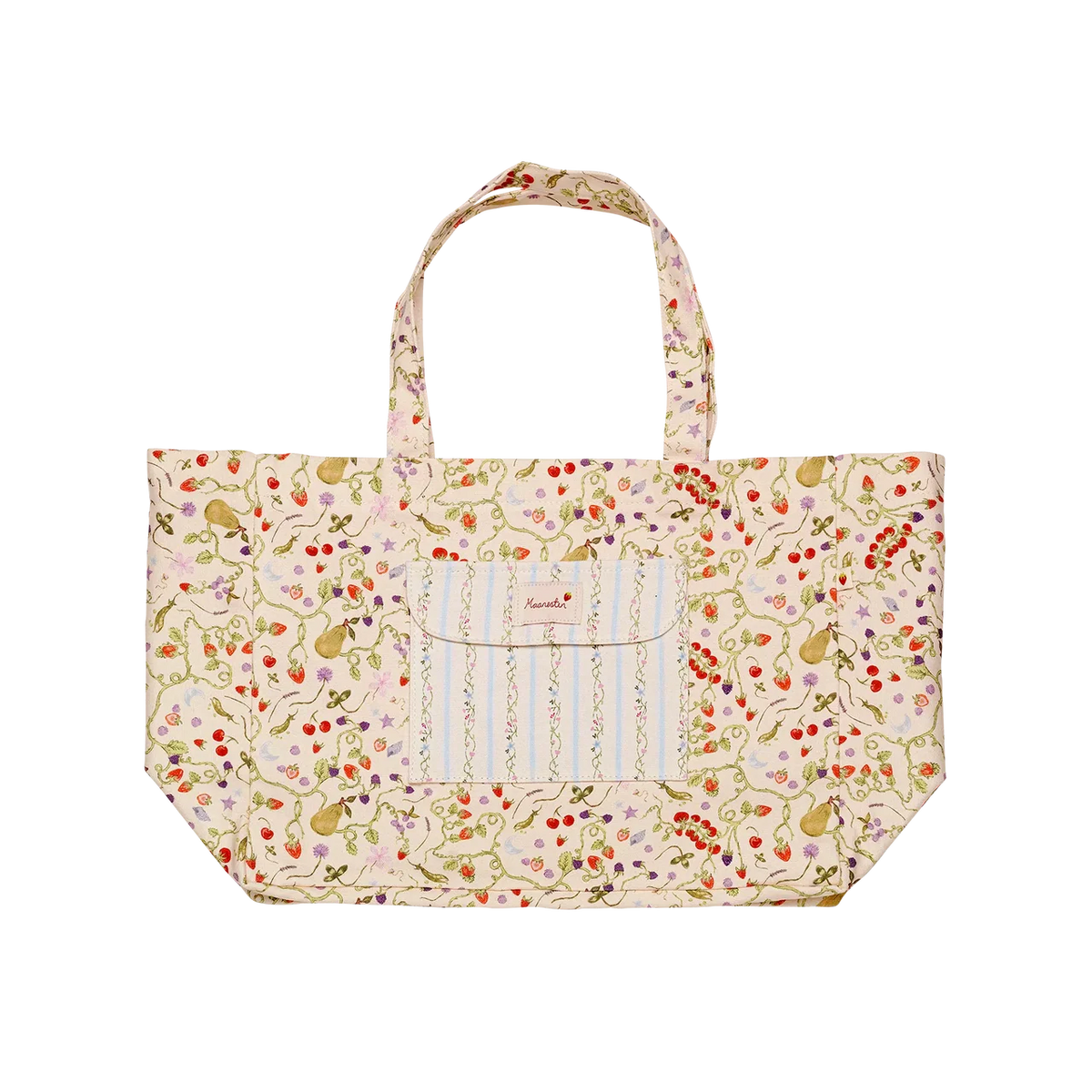 maanesten-big-canvas-tote-garden-magic-ivory shows large beige canvas tote bag with colorful floral pattern and front pocket. Model 4122-1