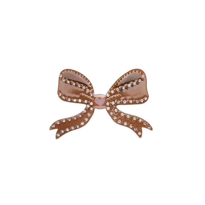 The Moonstone Bow Hair Clip Mocha features a brown bow hair clip with sparkling stones. Model 4012-one size.