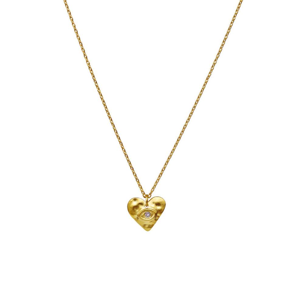 The moonstone Cassandra Necklace 18kt gold-plated shows a heart-shaped pendant with eye and stone, Model 2678a-2678a-1.