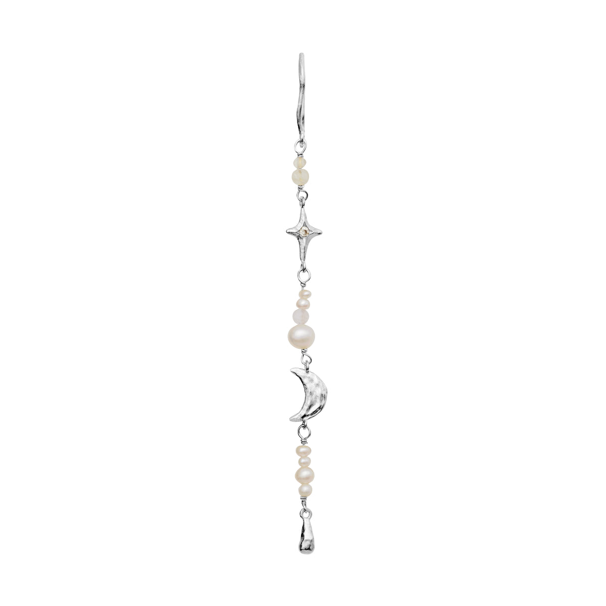 Moonstone Cio Cio silver single earring with star, moon, pearls and drop. Model 10028c-1.