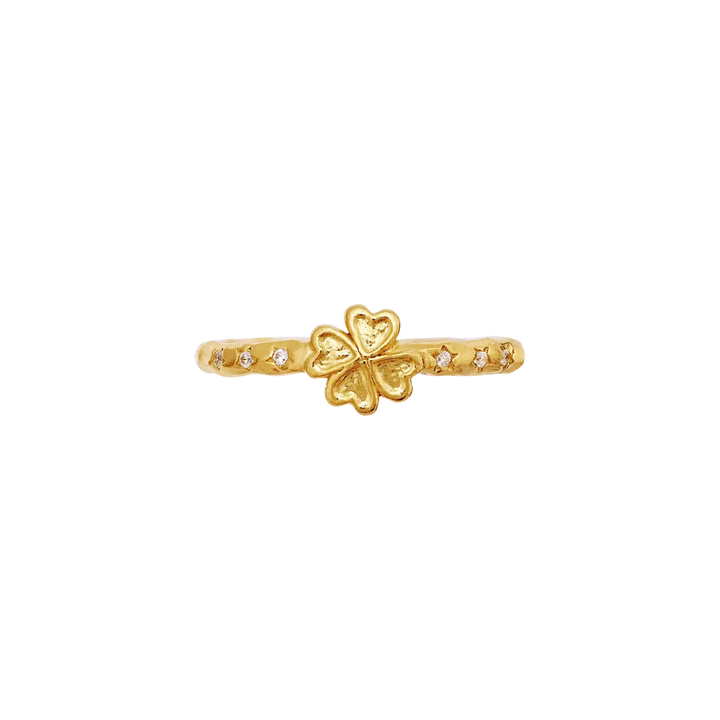 Maanesten Clover Ring gold-plated with four-leaf clover and zirconia, slim gold ring with small stones, Model 4881a-001