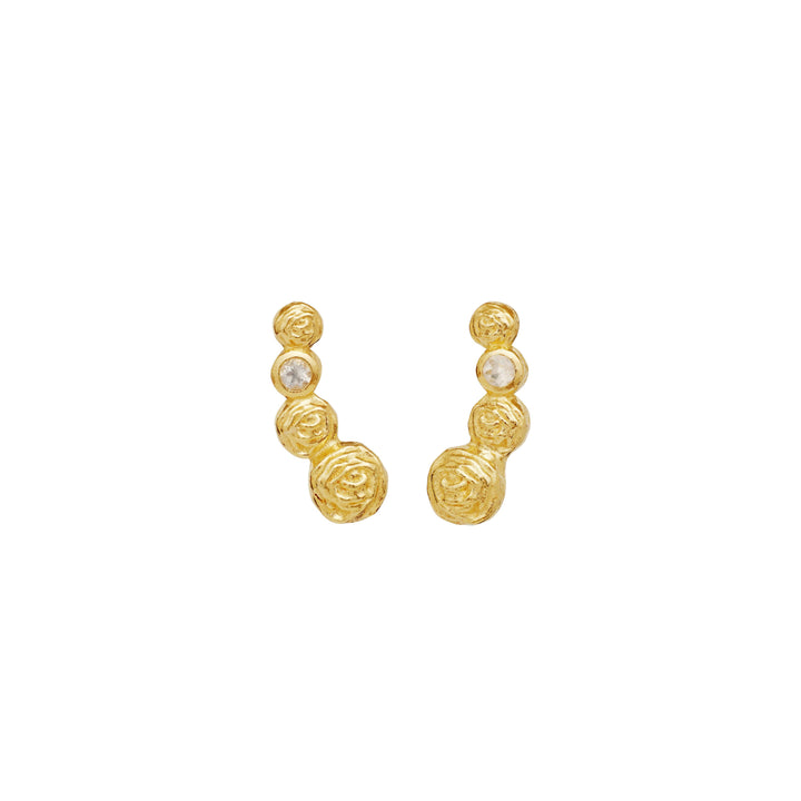 Moonstone Diantha gold-plated earrings with a unique floral pattern and small clear stones. Model 9983a-2