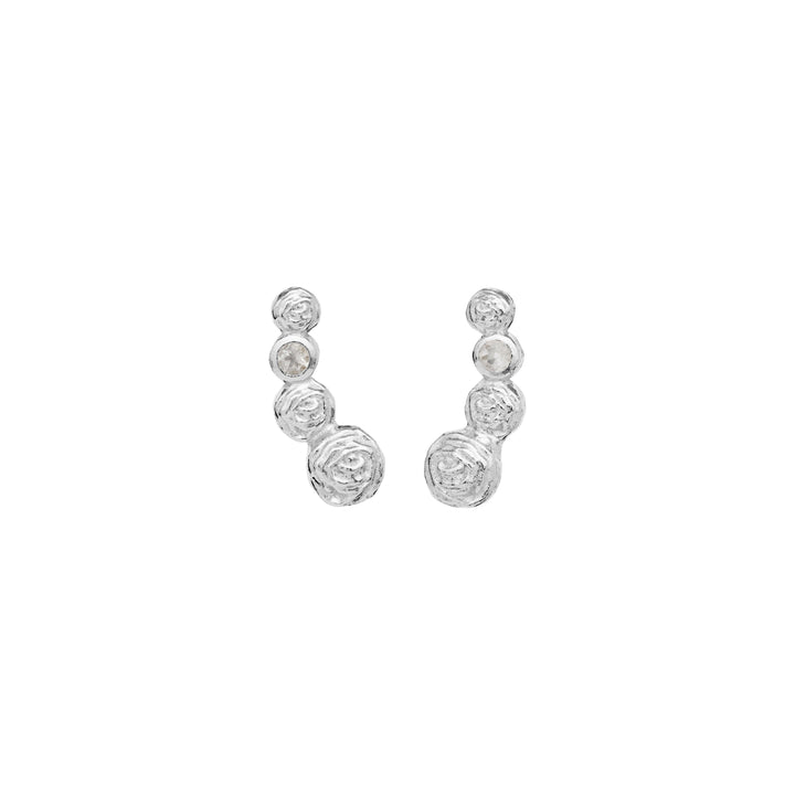 Moonstone Diantha silver earrings with organic shape and small details, shown against a white background. Model 9983c-2.
