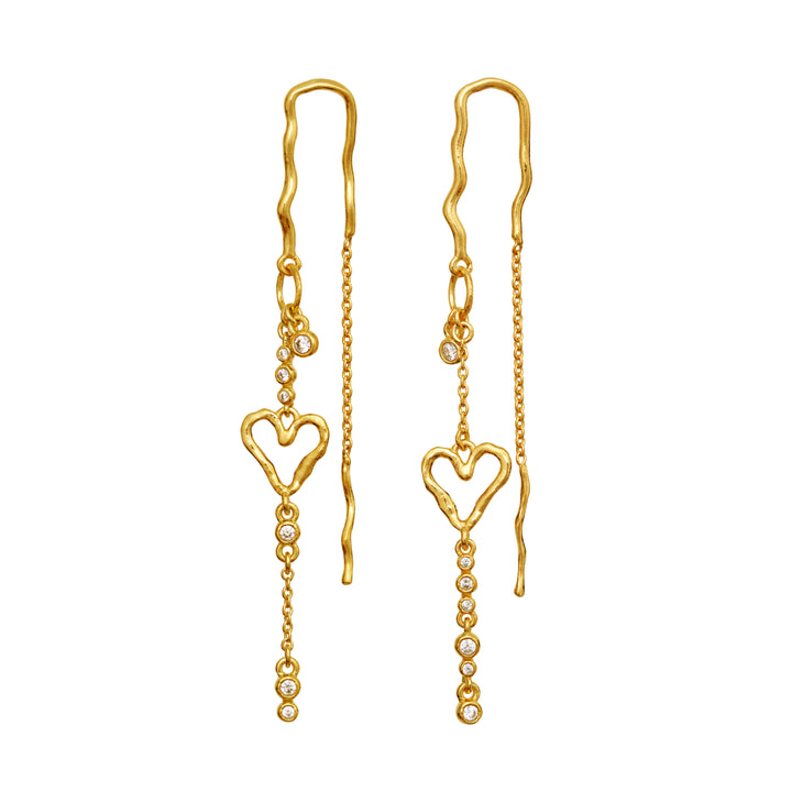 moonstone eliori twinkle gold plated earrings with heart shape, wavy chain and clear stones. Model 10168a-1