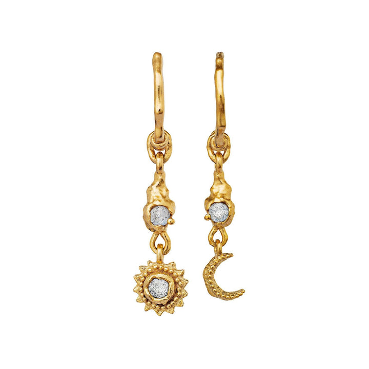 Moonstone Ember earrings 18 kt. gold-plated with sun and moon pendant in organic design, Model 9731a-9731a-1