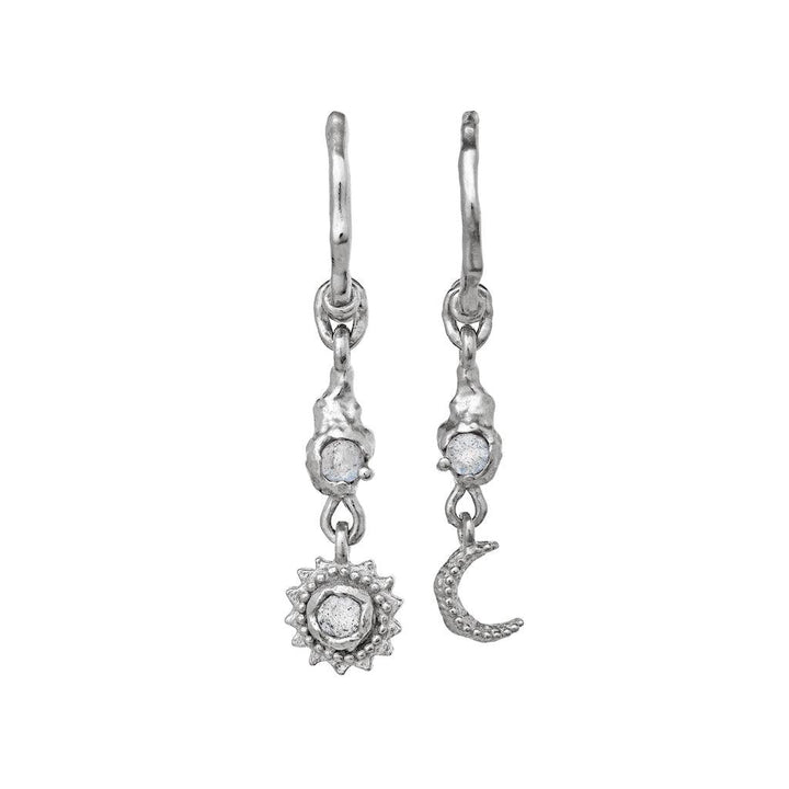 moon stone ember silver earrings with pendant shaped like sun and moon in structured silver, Model 9731c-9731c-1