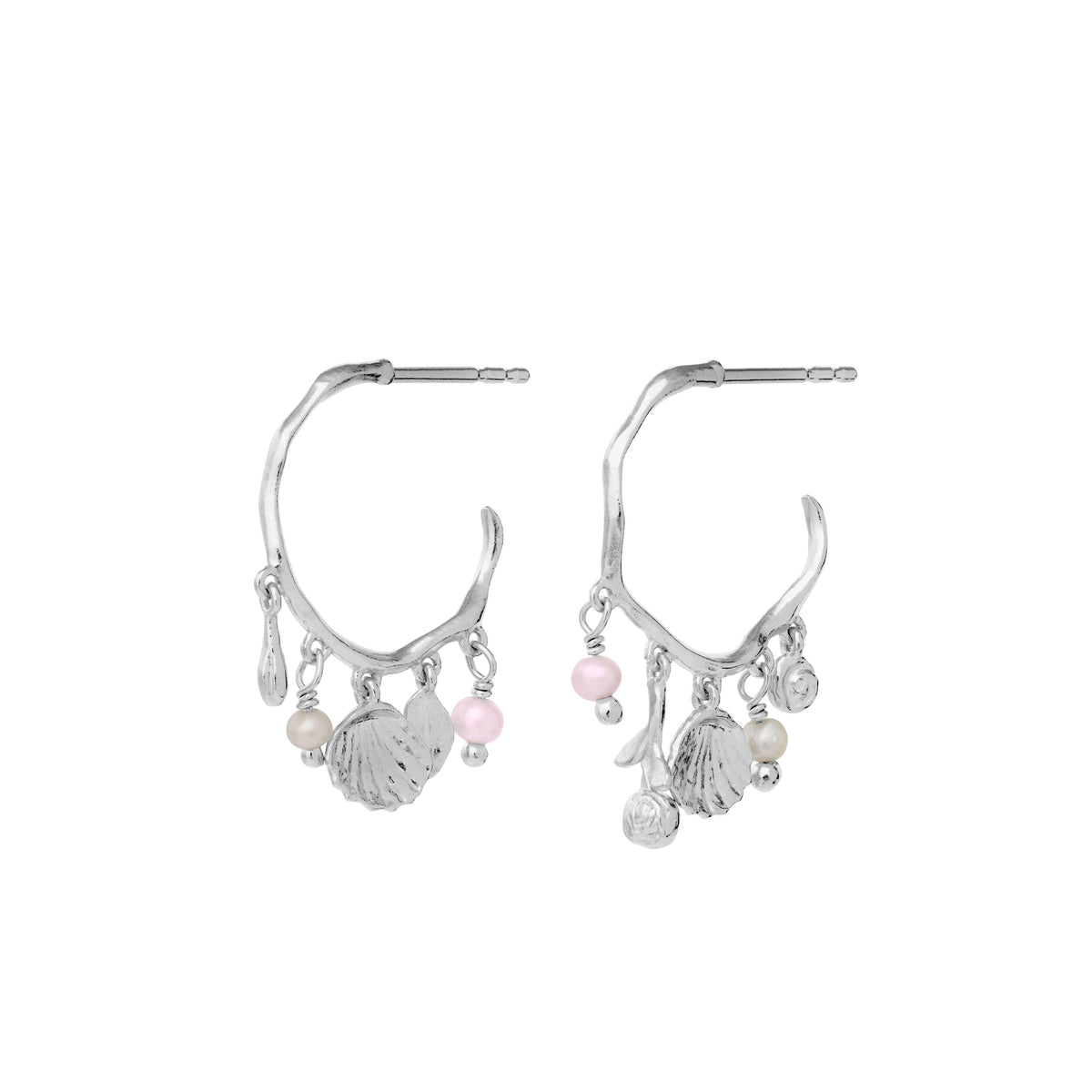 Maanesten Eve silver hoops with freshwater pearls in an organic design with pink and white pearls. Model 9994c-1