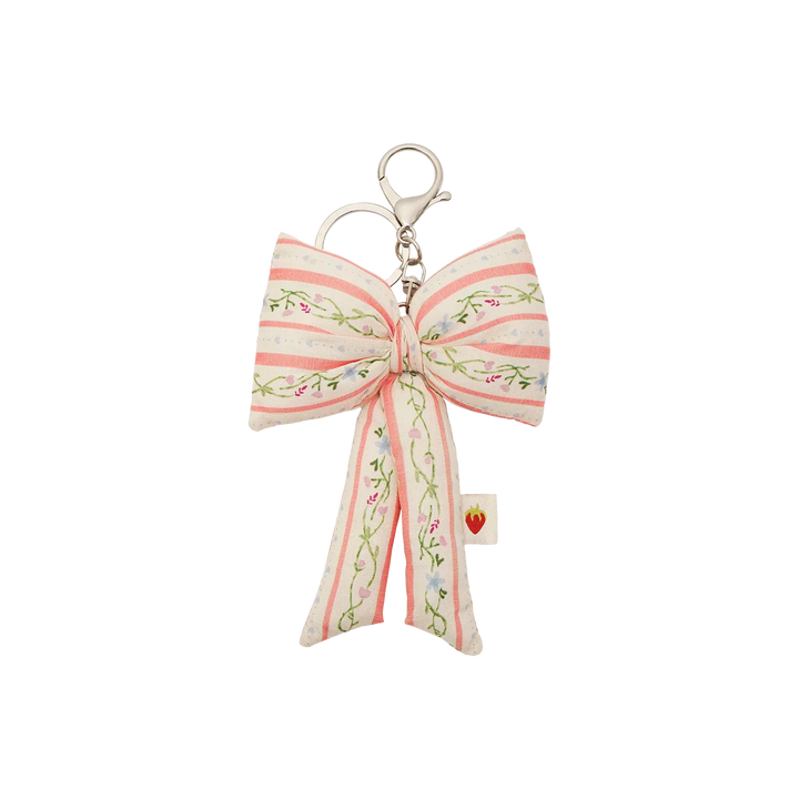 Maanesten Fabric Bow Keyring Summer Stripes Peach, large bow in pink and white stripes with flowers, Model 4112-1