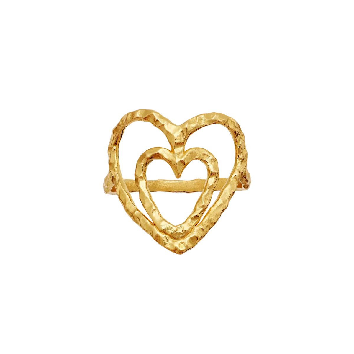 Moonstone Felicity gold-plated heart ring with two hammered open hearts in golden metal, Model 4880a-001.