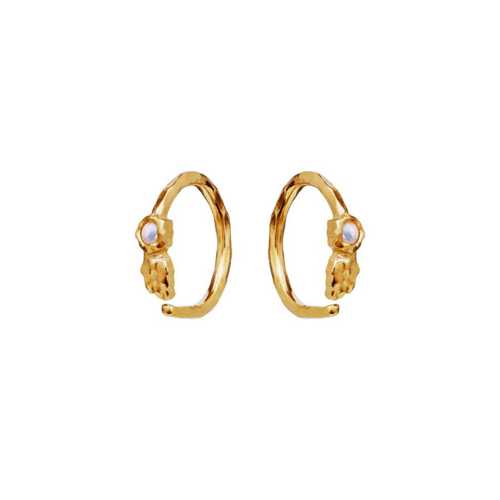 The moonstone Florus creole gold-plated appears as a pair of small earrings with an organic shape and bright stones. Model 9659a-9659a-1
