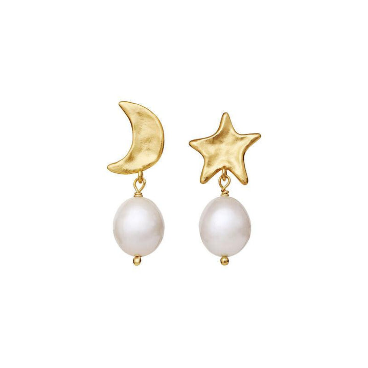 Moonstone Gabrielle gold-plated earrings with star and moon, white pearls, Model 9942a-1.