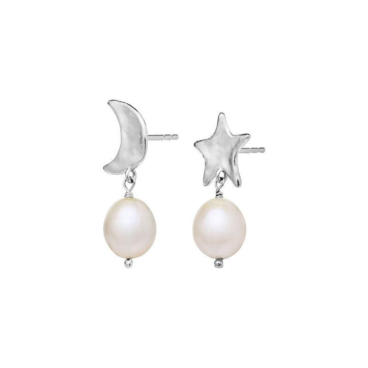 Maanesten Gabrielle silver earrings with star, moon and white pearls, elegant design. Model 9942c-2