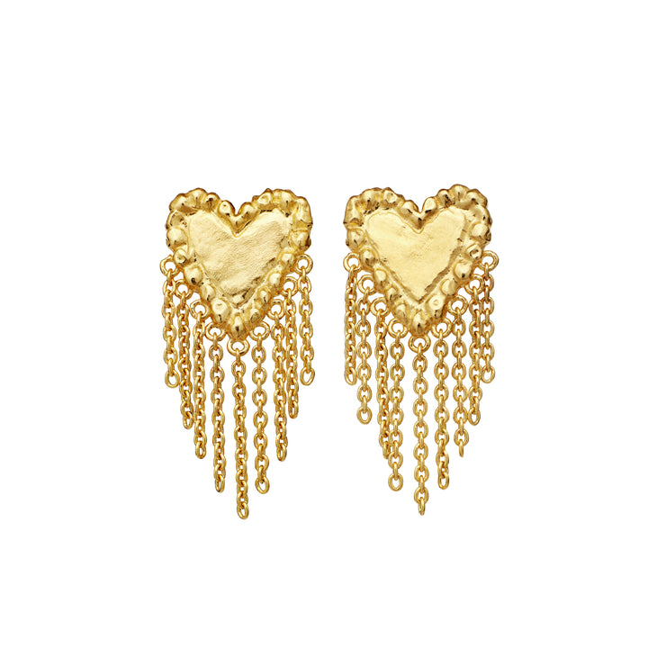 maanesten-giulietta-gold-plated-heart-earrings with golden chains in heart-shaped design, Model 10052a