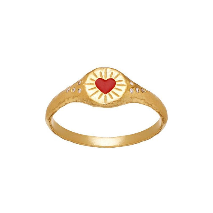 the moonstone hayali ring with heart shows a gold-plated ring with a red heart and small clear stones, Model 4838a-001