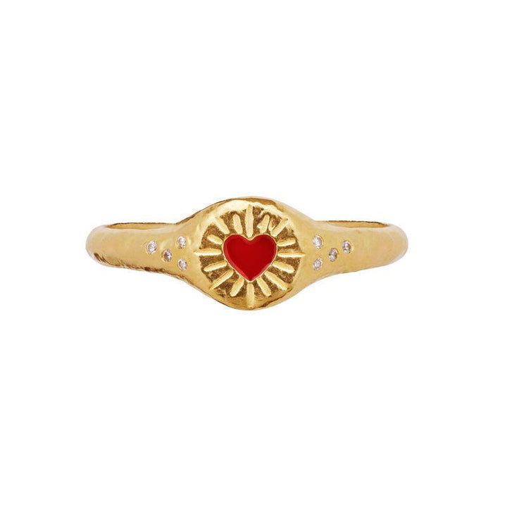 moonstone-hayali-ring-with-heart with red enamel heart and small clear stones in matte gold finish. Model 4838a-001