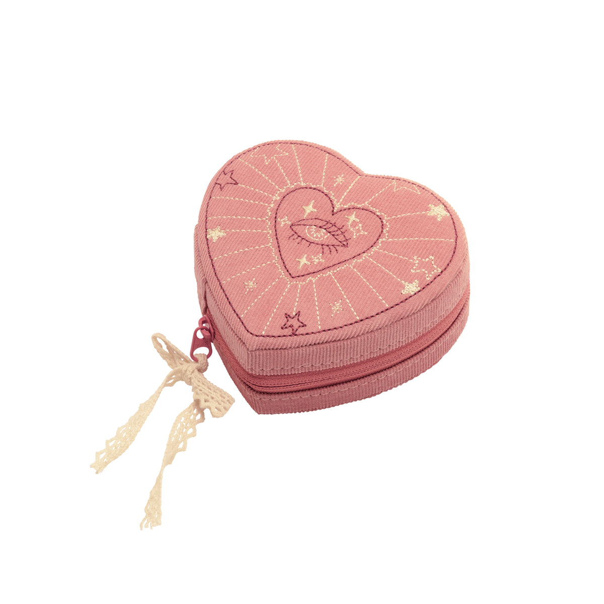 maanesten-heart-jewellery-box-in-pink-theatre-magic, heart-shaped jewelery box in pink fabric with embroidery. Model 4109-one size.