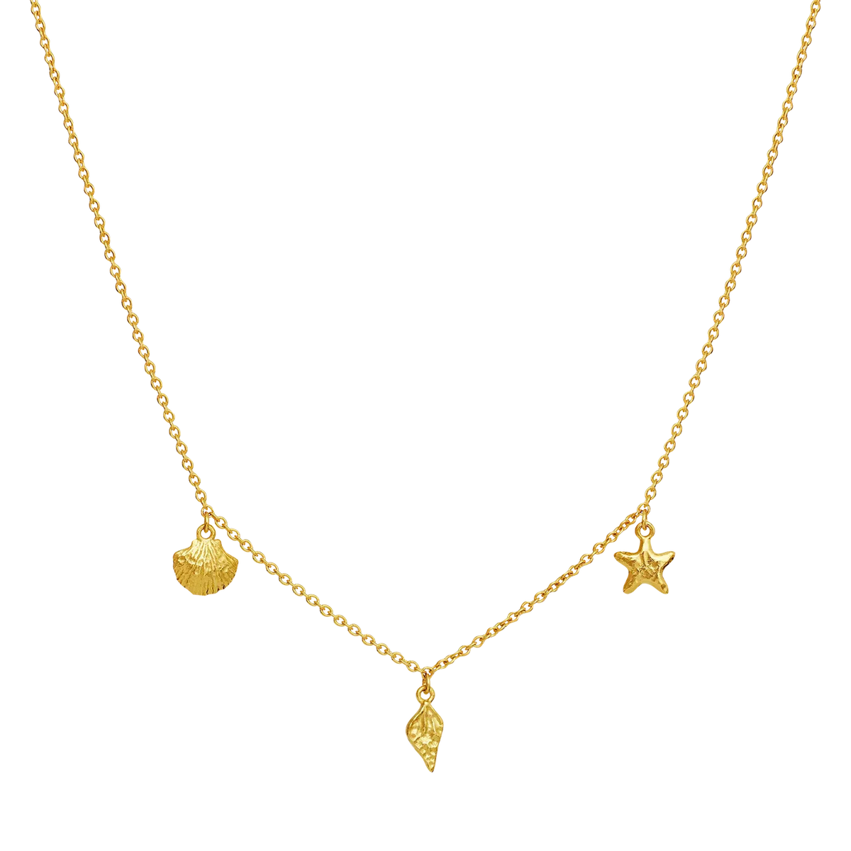 moonstone-iluka-necklace-gilded with fine, golden pendants in a sea theme against a black background. Model 2818a-1.