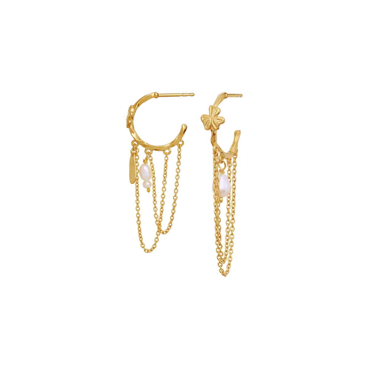 Moonstone Inara gold-plated earrings with four-leaf clover and pearl, elegant chain details. Model 10095a-1.