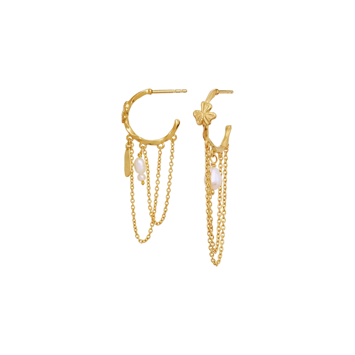 Moonstone Inara gold-plated earrings with four-leaf clover and pearl, elegant chain details. Model 10095a-1.