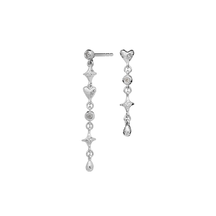 Maanesten Isidora silver earrings with hearts and drops, asymmetrical design, Model 10000c-1.