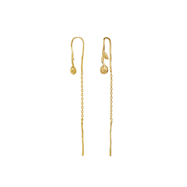 Maanesten Junia gold-plated earrings with long chain and leaf detail, matte gold look, Model 9990a