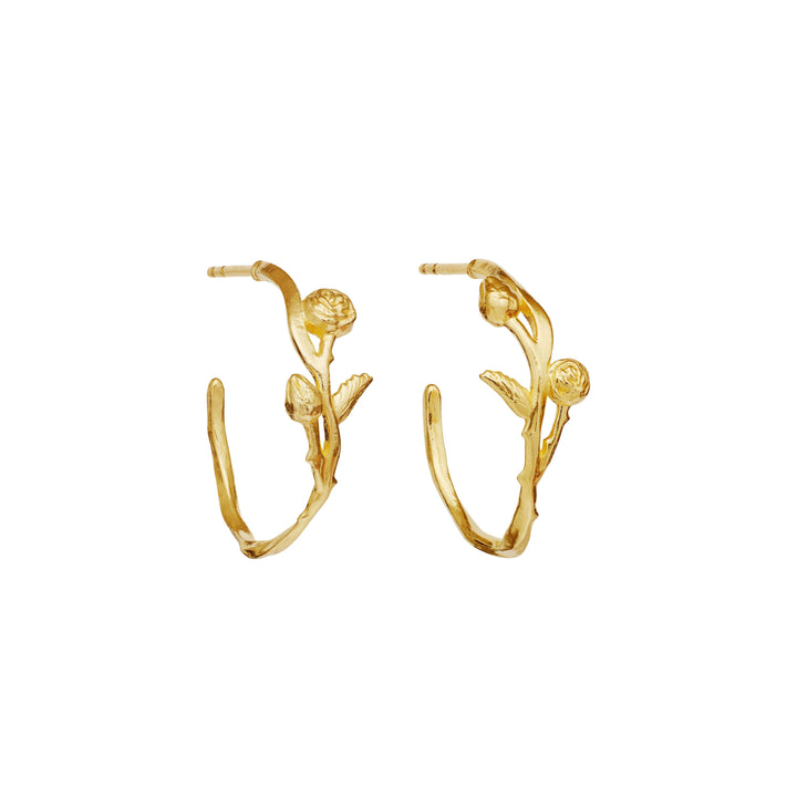 maanesten-kalyna-gold-plated-earrings-with-rose, fine hoop earrings in gold-plated metal shaped like flowering branches. Model 9993a-1