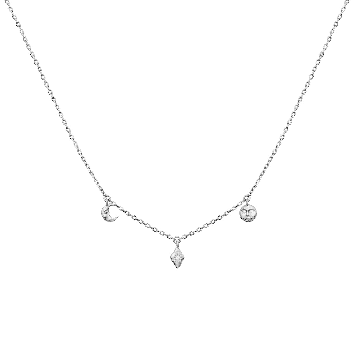 Maanesten Lea silver necklace with moon, diamond and sun pendant on a simple chain. Model 2806c-1.