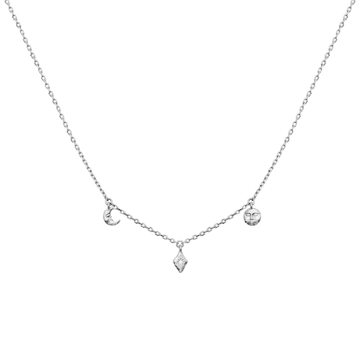 Maanesten Lea silver necklace with moon, diamond and sun pendant on a simple chain. Model 2806c-1.