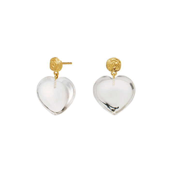 maanesten lemona grande gold-plated heart earrings with clear heart pendants and golden ear studs, Model 9976a-1