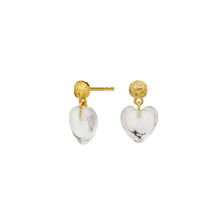 moonstone-lemona-petite-gold-plated-heart earrings with clear heart pendants and gold-colored detail, Model 9975a-1