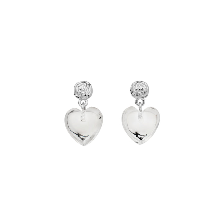 moonstone-lemona-petite-silver-heart earrings with polished silver heart-shaped pendant, photographed on white background. Model 9975c-1