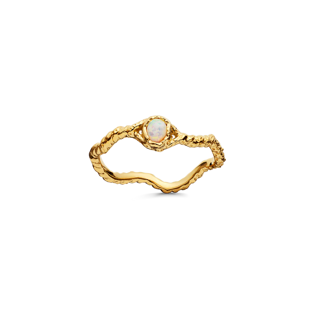 maanesten-lisa gold-plated ring with wavy, hammered surface and round opal stone in the middle. Model 4745a-001