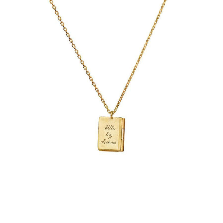 maanesten-little-big-dreams-gilded-necklace with book pendant in gold look on white background. Model 2702a-2