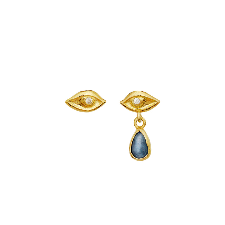 Maanesten Louise gold-plated earrings with eye design, one with blue stones, Model 10040a