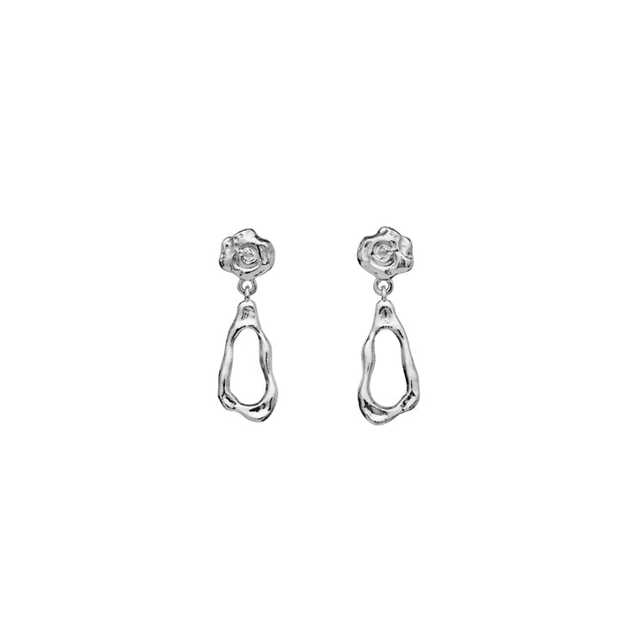 Moonstone Lydia silver earrings; organic shapes in shiny silver, seen from the front against a white background. Model 9996c