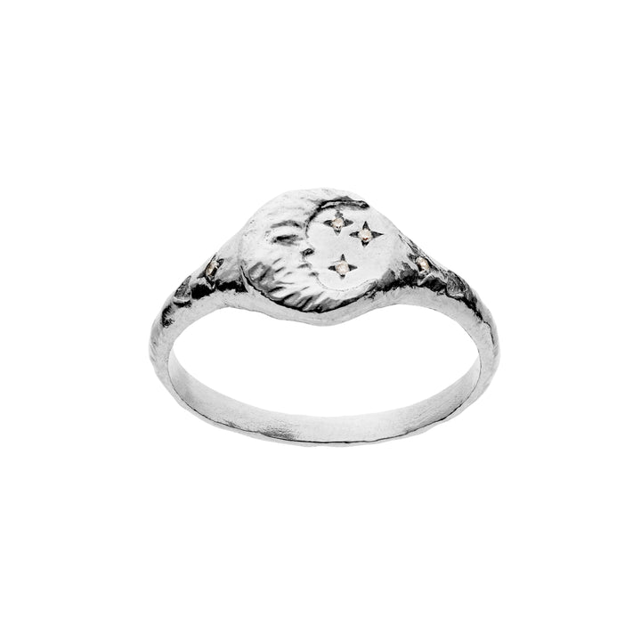 Moon stone Magdalena silver ring with moon and stars in matte, organic design. Model 4871c-001.