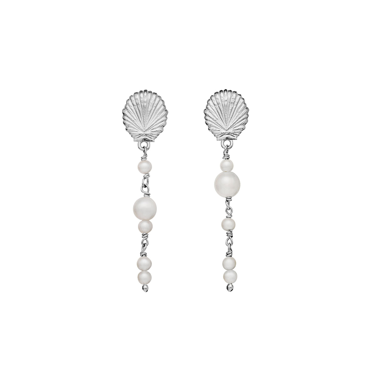 Maanesten Marylyn silver earrings with freshwater pearls, detail view of dangling pearl design. Model 9998c-1.