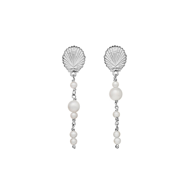 Maanesten Marylyn silver earrings with freshwater pearls, detail view of dangling pearl design. Model 9998c-1.
