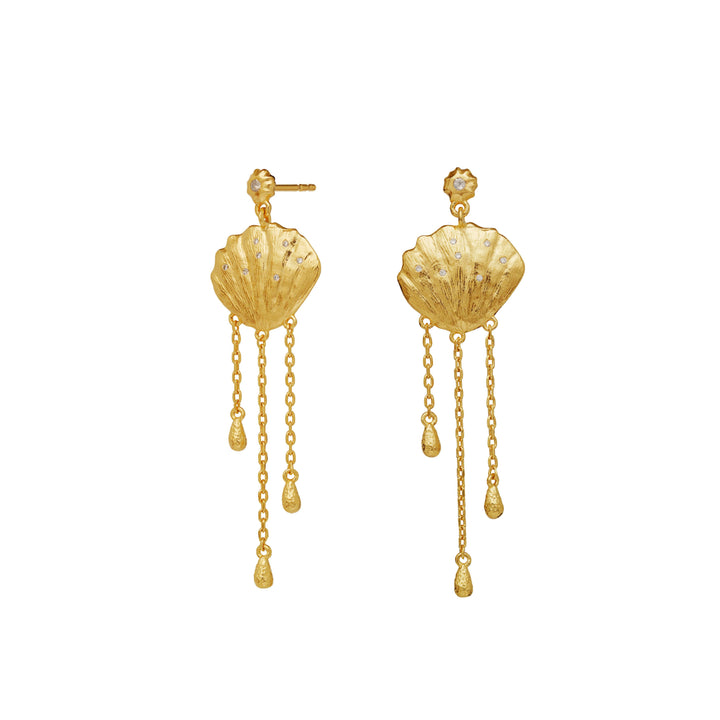 maanesten-meena-gold-plated-earrings-m-shell with long chains and drops in gold-colored metal, Model 9986a-1