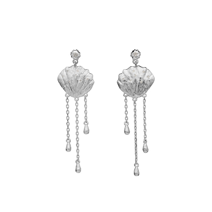 Maanesten Meena silver earrings with seashell with three chains and drop pendant, Model 9986c-2.