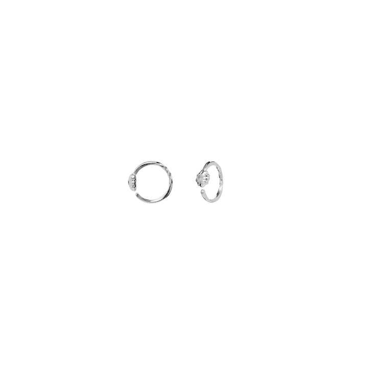 Moonstone Morgan silver hoops shown as a set of small, round earrings with a twisted design. Model 9981c-2.