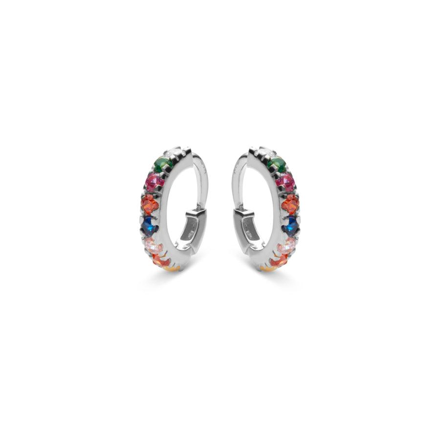 Moonstone Nubia Color Earrings in silver with colored stones, two creoles on a white background. Model 9337c-9337c-1