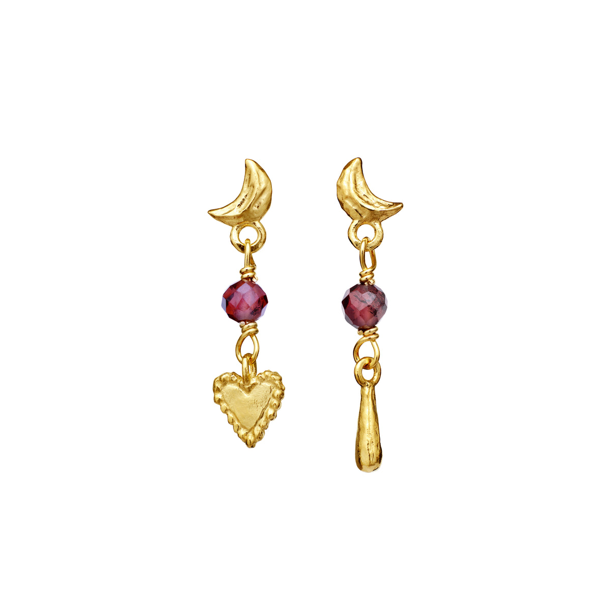 maanesten-nuova-gold-plated-earrings shown with moon design, red stones and pendant in gold, Model 10058a-1