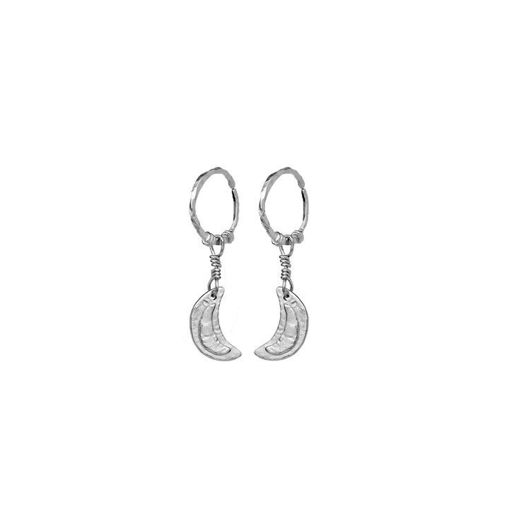 Maanesten Odessa Earrings in silver, detail image of earrings with moon pendant, Model 9841c-1